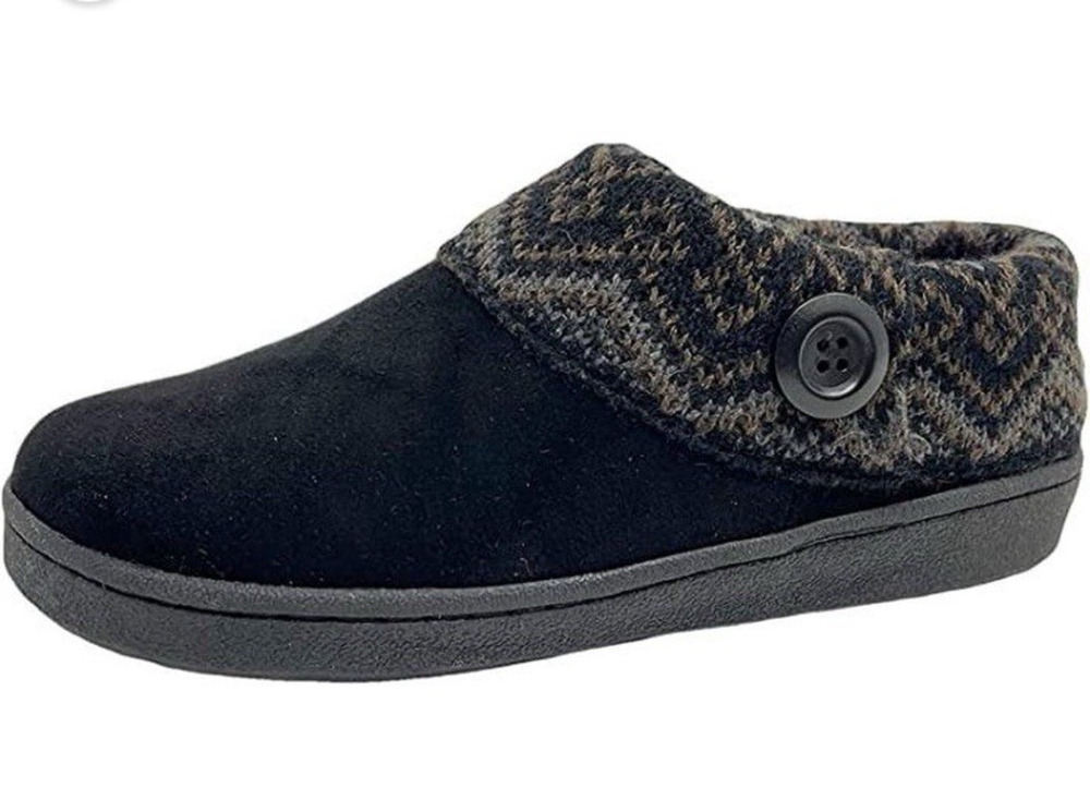 Clarks Womens Leather Suede Clog Slippers 8 Black Knit Sweater Faux Fur NWOT